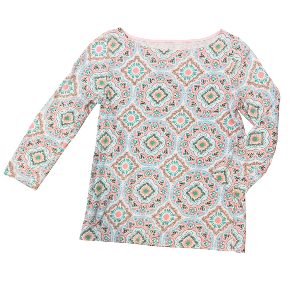 Talbots Softest 3/4 Sleeve Geometric Floral Medallion Print Top (SP) Pastel